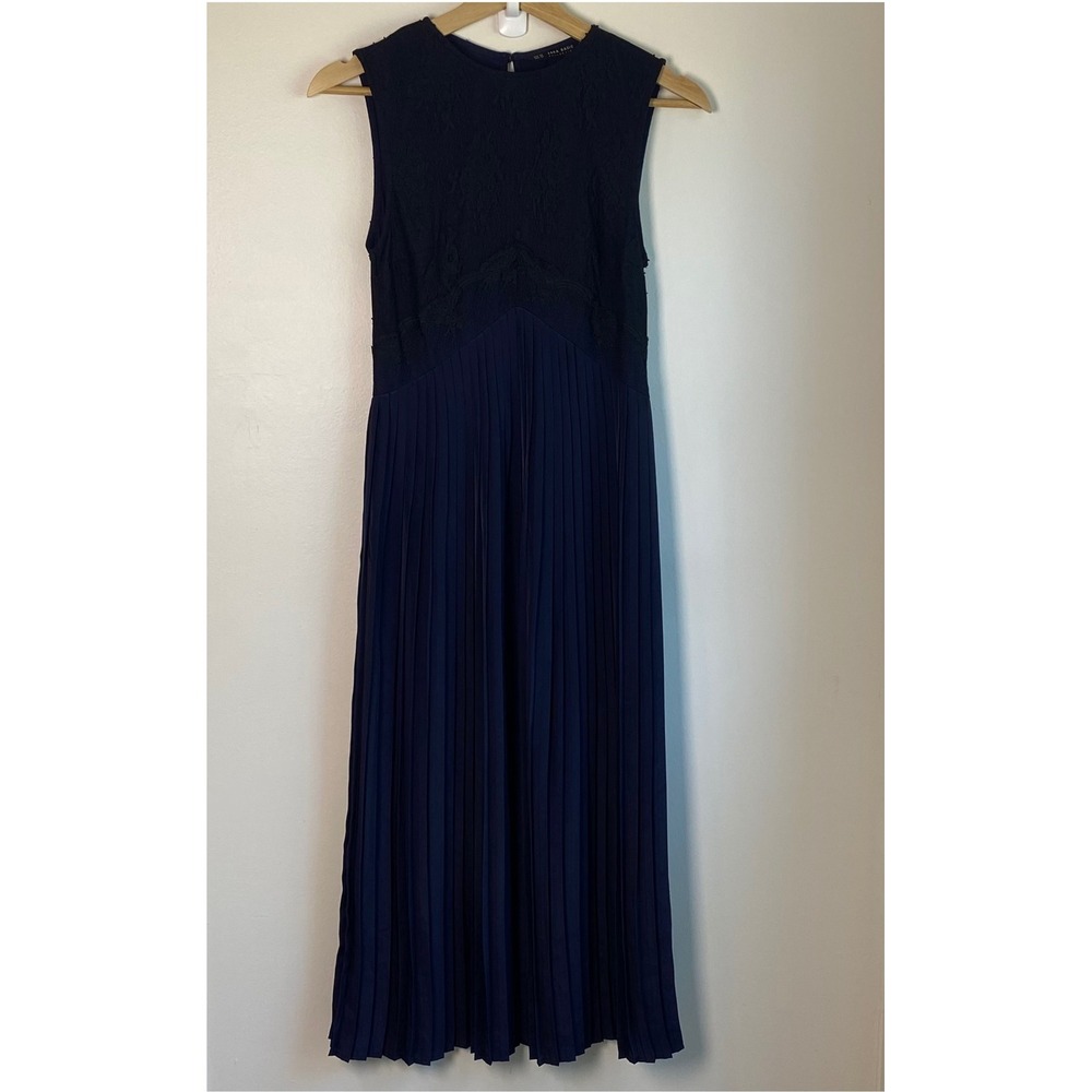Zara Basic Midi Dress Womens XS Navy Lace Pleated Sleeveless Cocktail Elegant